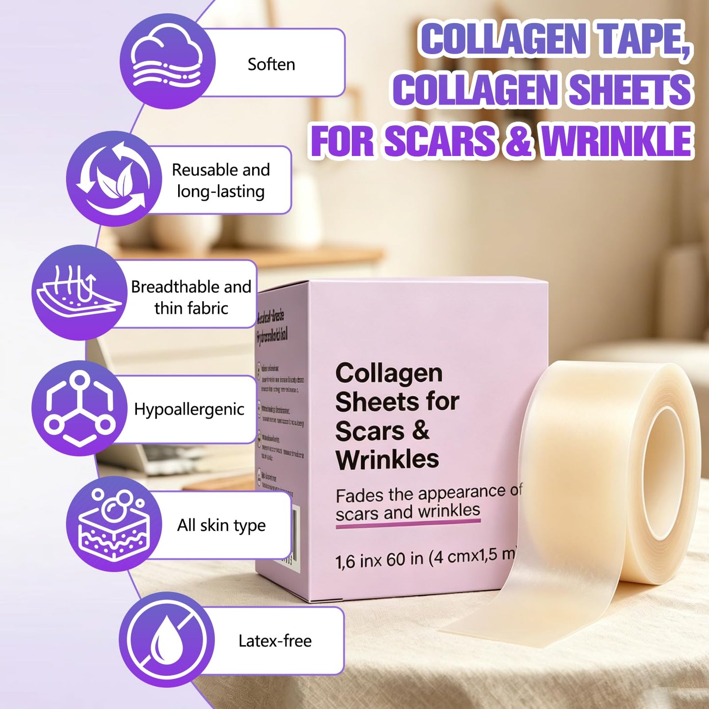 Collagen Tape, Collagen Sheets for Scars & Wrinkle, Silicone Scar Removal Strips for Various Different Scars and Wrinkles, for Surgeries Burn Acne Wounds Recovery
