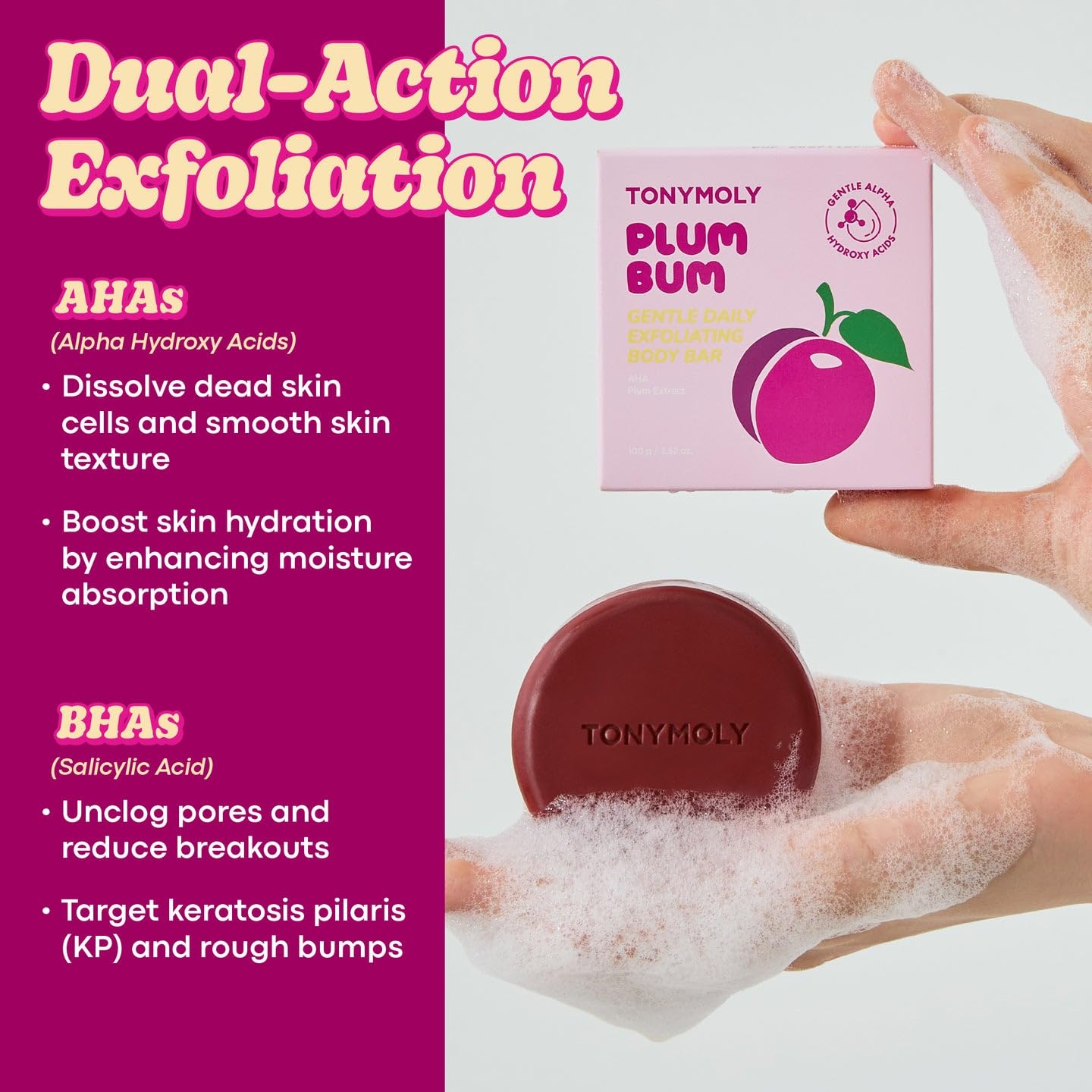TONYMOLY Plum Bum Body Care Set - 13.5 fl oz Peptide Hydrating Body Wash & AHA Exfoliating Body Bar with Plum Extract for Soft, Smooth Skin
