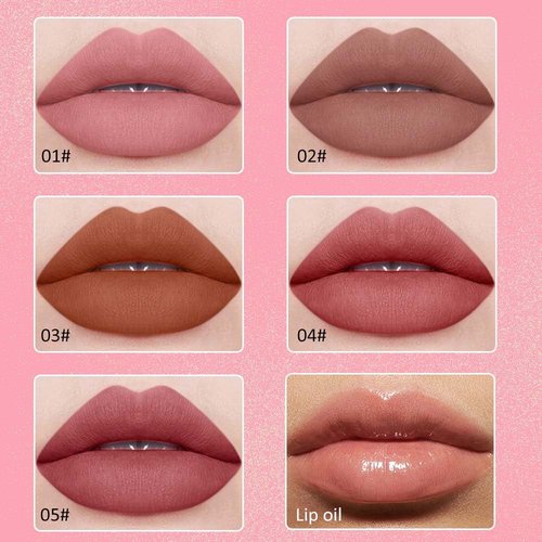 JUAAZIN 5Pcs Matte Liquid Lip Sticks + 1Pcs liquid lip oil set, Dusty Pink Rose Taupe Light Brown Pale Carmine Rose Vale Lip Gloss Set, Rich Colors Long-Lasting Wear Not Fade Waterproof Lip Gloss(set1