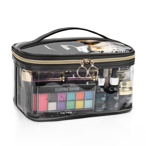 OCHEAL Makeup Bag, Clear Makeup Organizer Bag Portable Cosmetic Bag, Cute Transparent Makeup Case For Women and Girls traveling Storage with zipper Divider Brush Compartment-Black