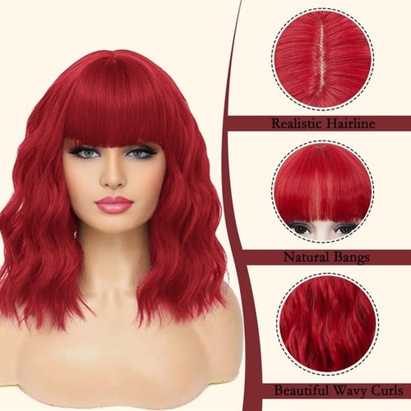 MeaYOO Red Bob Wig with Bangs for Women, Short Red Bob Wavy Wigs Shoulder Length Curly Synthetic Wig for Girls Natural Looking Heat Resistant 14 Inch Wig for Daily Party Use Colourful Cosplay Wigs