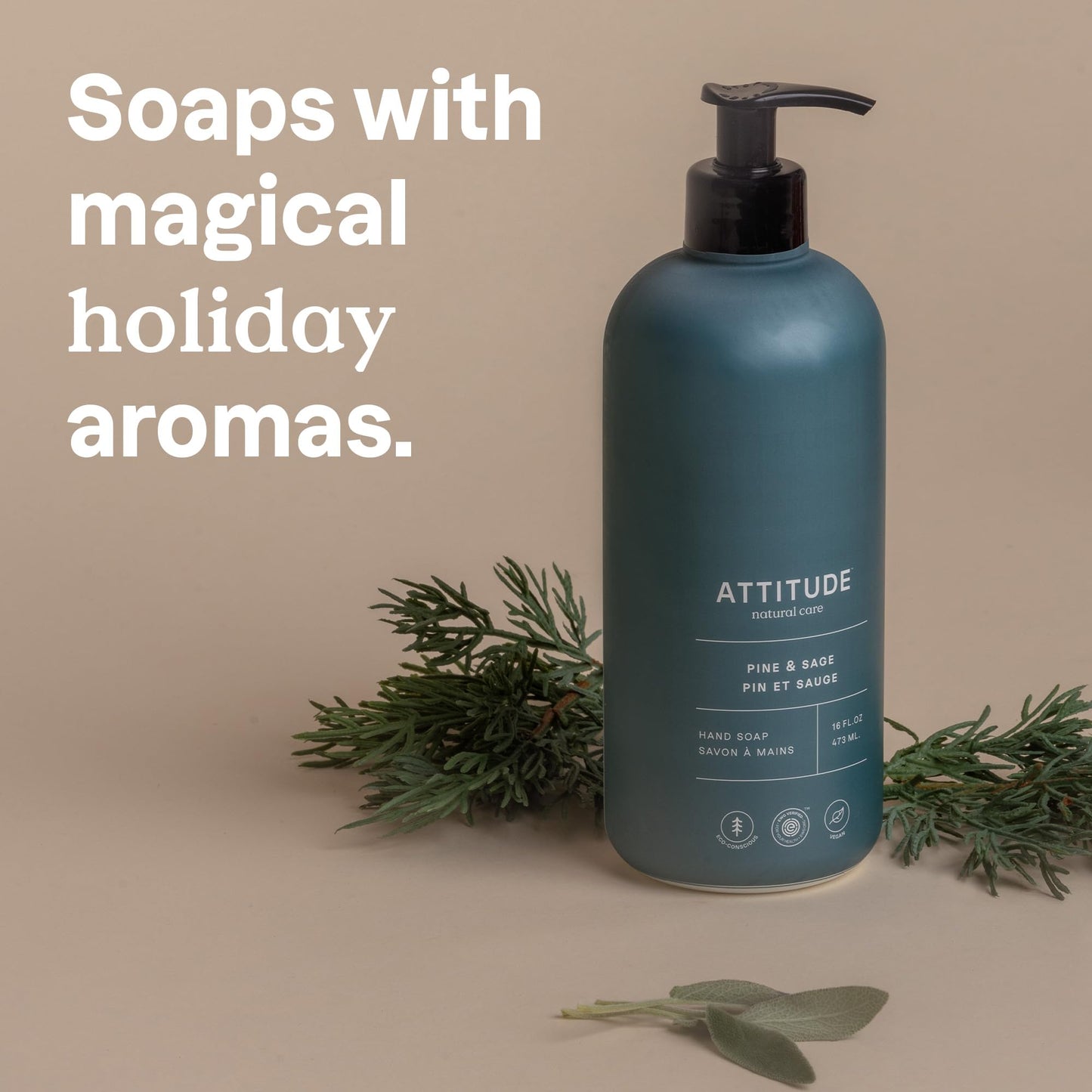 ATTITUDE Limited Edition Liquid Hand Soap, EWG Verified, Plant and Mineral-Based, Vegan Personal Care Products, Pine & Sage, 16 Fl Oz (Pack of 6)