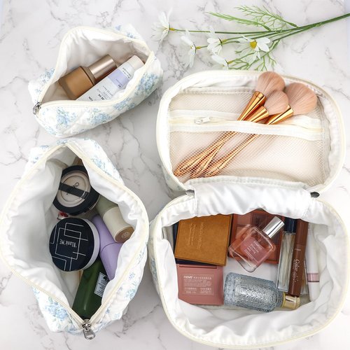 URSKYTOUS 3Pcs Cotton Quilted Makeup Bag for Women Girls Large Small Travel Floral Cosmetic Bags Set Cute Coquette Zipper Makeup Pouch for Purse Aesthetic Cloth Flower Storage Toiletry Bag Organizer