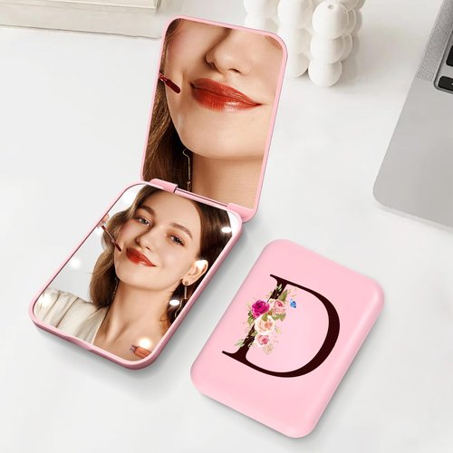 KEWWADB Travel Mirror with Lights, Initials Portable Compact Mirror, Travel Essentials, Suitable for Teen Girls, Young Women Gifts Ideas, Birthdays Gifts(Pink) (D)