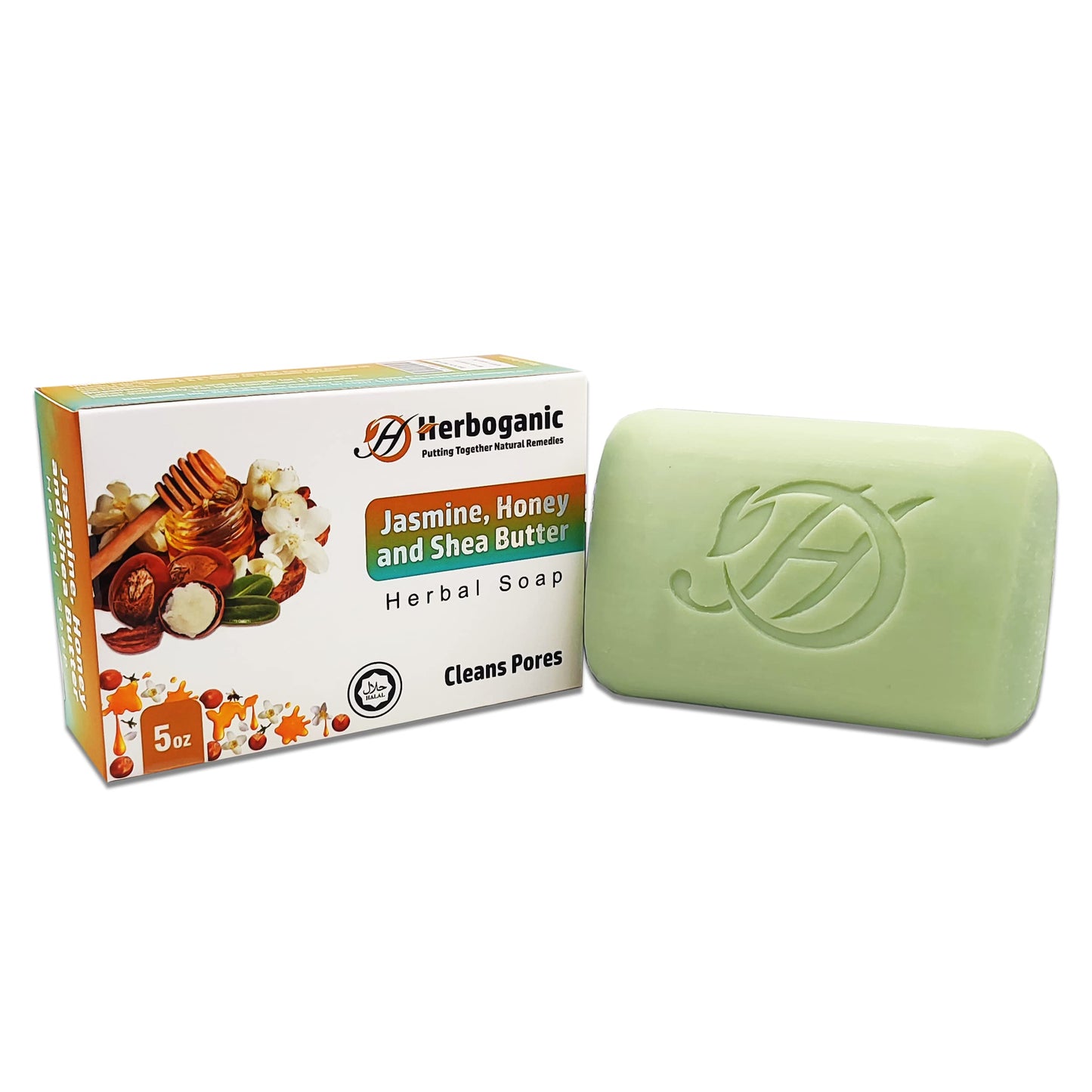 HERBOGANIC Jasmine, Honey and Shea Butter Herbal Soap | Natural Bar Soap for Cleansing Pores | Clarifying and Nourishing | Gentle for Men and Women | 5 Oz (Pack of 1)