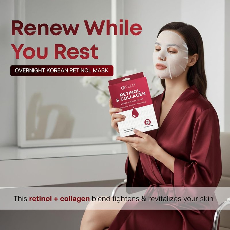 Retinol & Collagen Face Mask | Firming Hydration for Youthful Skin - 5 Vegan Korean Sheet Masks