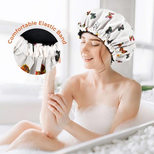 Shower Cap for Women Terry Lined Bath Cap Large Reusable Waterproof Elastic Band Butterfly Shower Caps for Long Thick Hair Soft Bath Shower Hair Caps