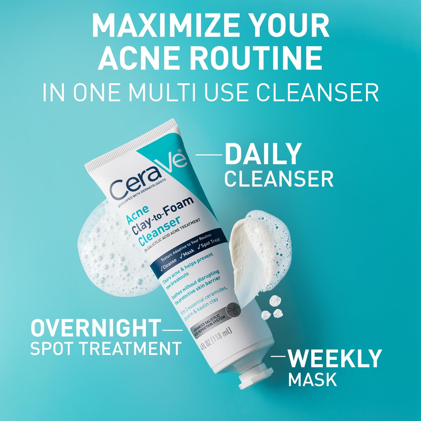 CeraVe Clay To Foam Acne Face Wash,Salicylic Acid & Kaolin Clay Acne Spot Treatment Clears Pimples & Blackheads, Prevents Breakouts, Hydrates & Soothes, Fragrance-Free, Non-Comedogenic,4oz,(Pack of 2)