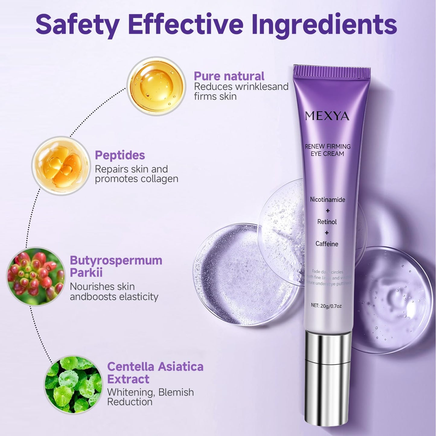 MEXYA Retinol & Caffeine Under Eye Cream for Dark Circles and Puffiness, Niacinamide Eye Brightener for Fine Lines, Under Eye Bags, Lightweight Fragrance-Free Formula, 0.7 oz