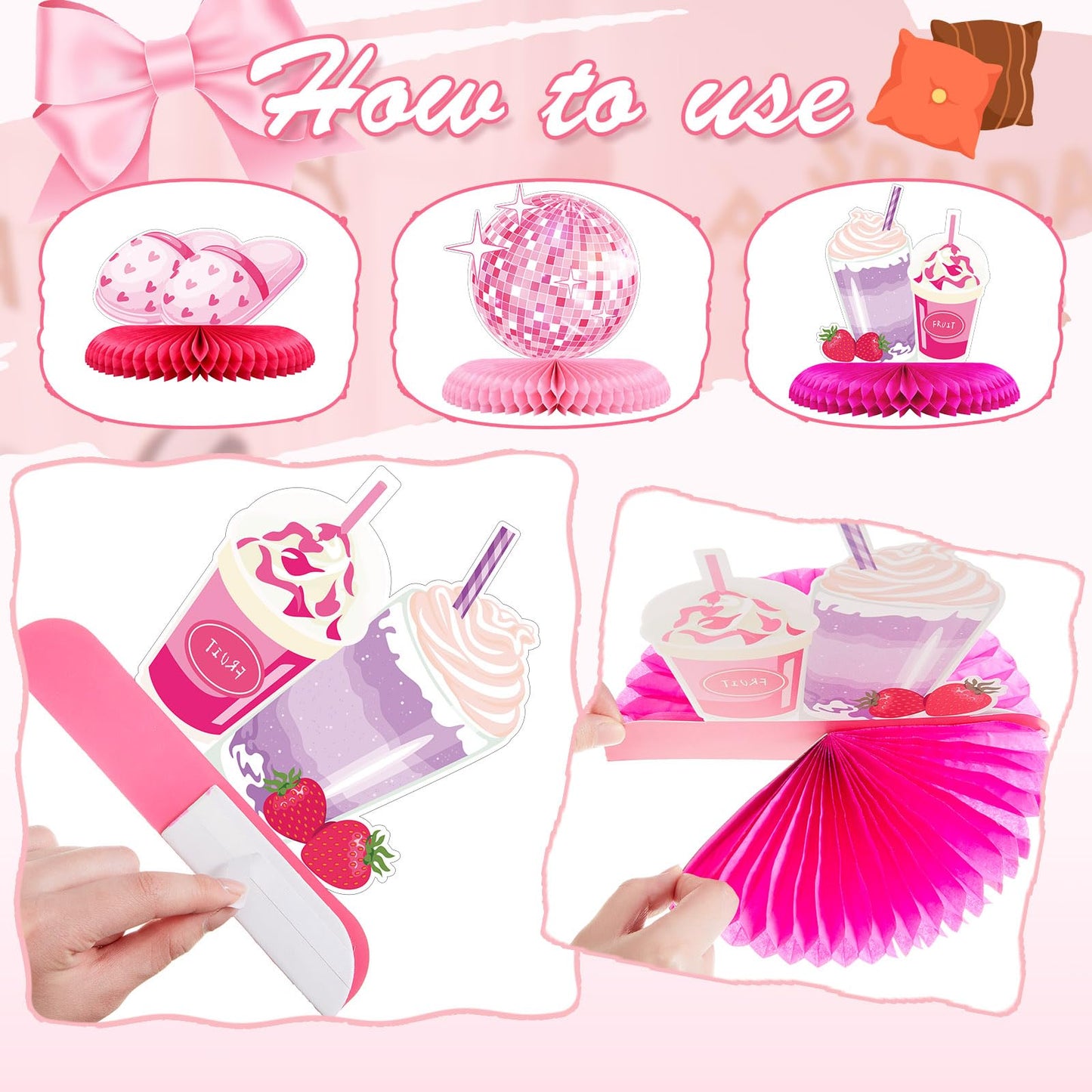 Censen 10 Pcs Sleepover Party Decorations, Pink Slumber Honeycomb Centerpieces, Spa Birthday Party Supplies Makeup Pajama Theme Table Decor