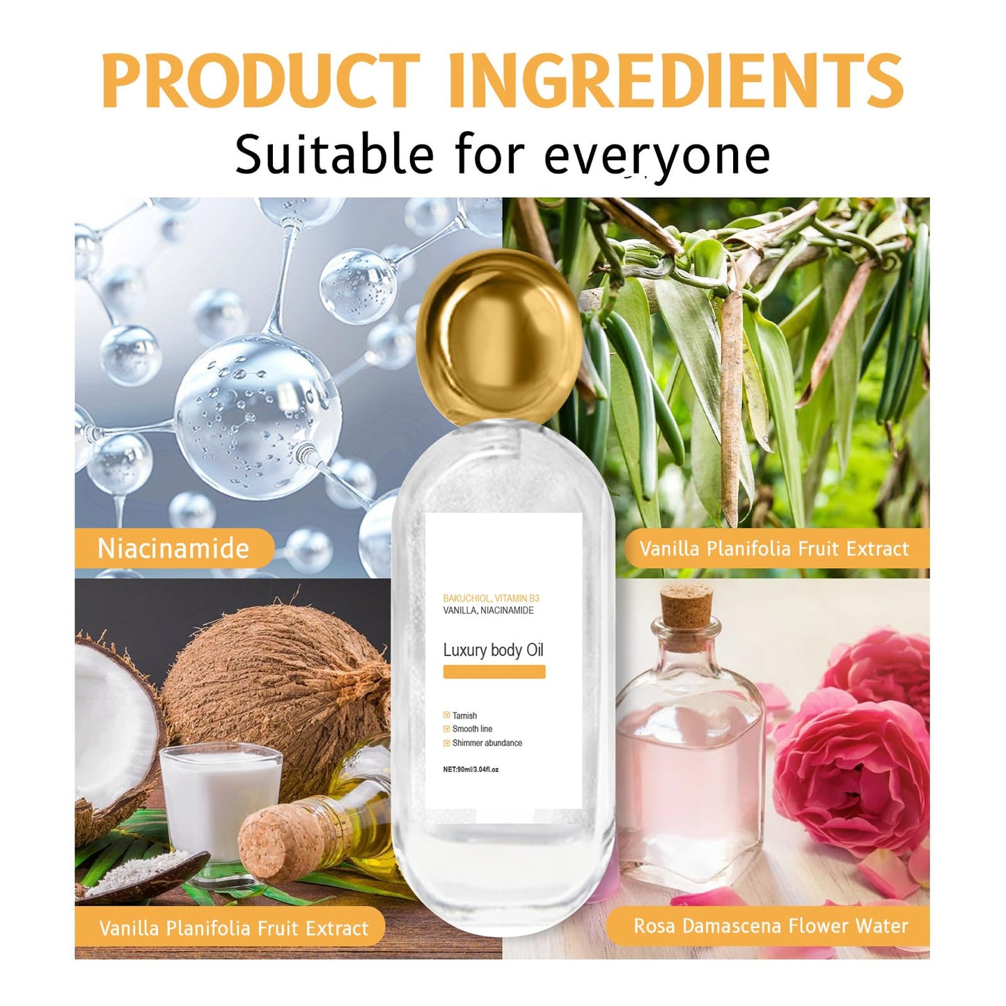 LMDGDS Luxury Vanilla Body Oil Hydrating & Shimmer for Radiant Smooth Skin and Long-Lasting Fragrance (90ml / 3.04oz)