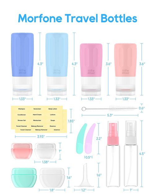 Morfone 16 Pack Travel Bottles Set for Toiletries, TSA Approved Travel Containers Leak Proof Silicone Squeezable Travel Accessories 2oz 3oz for Shampoo Conditioner Lotion Body Wash (BPA Free)
