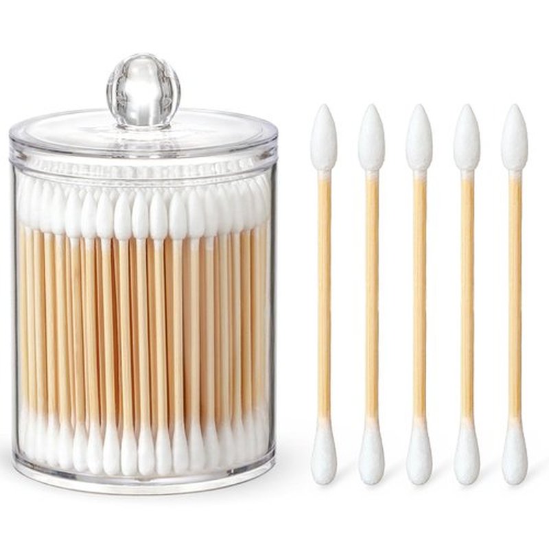 700 Count Cotton Swabs with 1 Clear Dispenser Holder- Round & Pointed Tip & Thick Cotton & Sturdy Bamboo Stick - Eco-Friendly, Biodegradable Original Natural Cotton Buds for Ears, Hygiene, Beauty Care