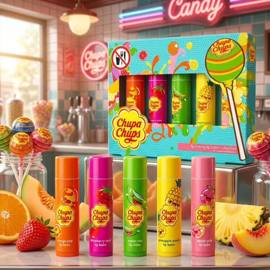 Chupa Chups Lip Balm Collection, 5 Assorted Fruit Flavors, Lip Licking Lip Balms Gift Set