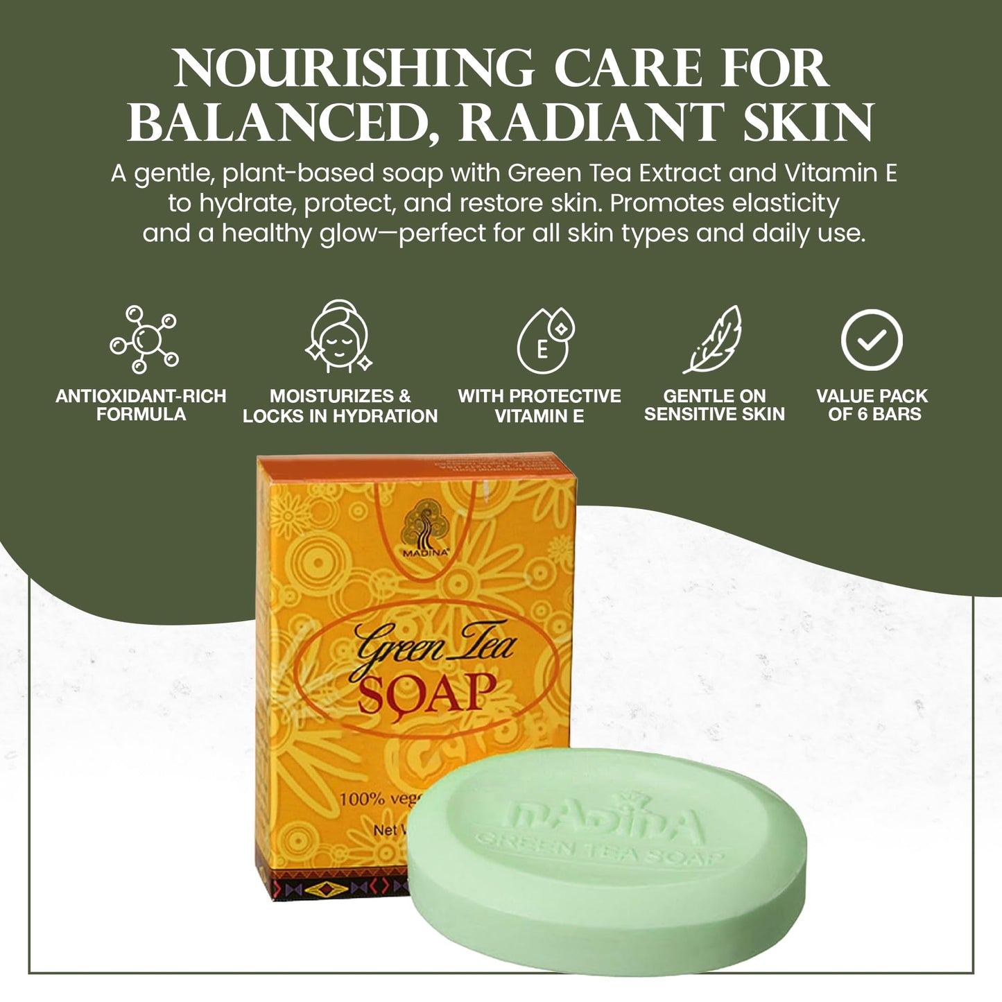 Madina Green Tea & Vitamin E Soap Bar – Antioxidant, Moisturizing, Hydrating, Skin Rejuvenating, Gentle Daily Cleanser, Vegetable-Based, For All Skin Types, 6 Pack (3.5 oz Each)