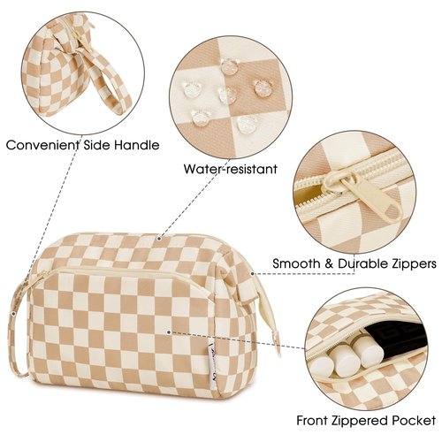 Narwey Large Checkered Makeup Bag Women Wide-open Make up Bag Travel Cosmetic Bag Organizer Toiletry Bag for Cosmetics Toiletries Accessories (Light Checkerboard)