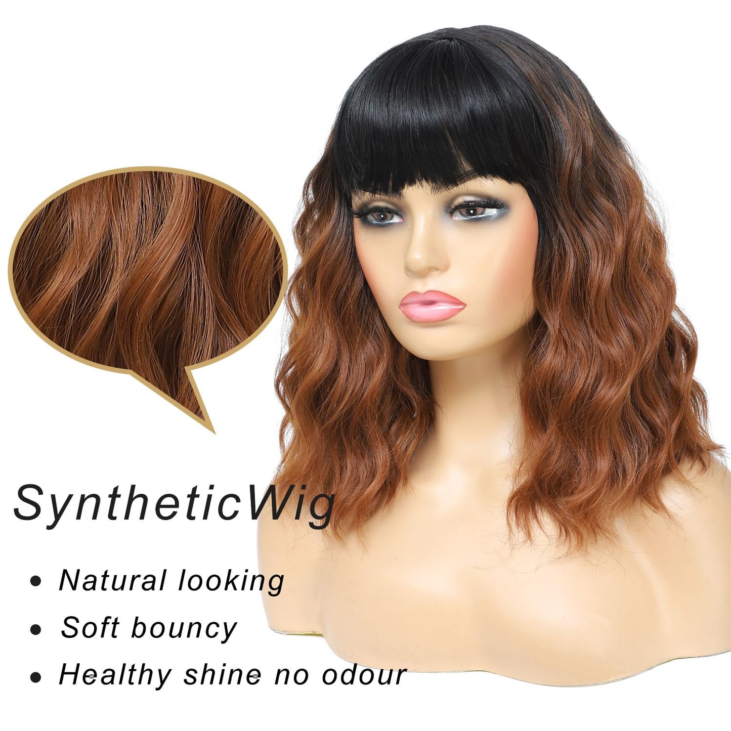 Amarlis Short Black to Brown Wigs for Women, 14 Inch Wavy Bob Wig with Bangs Natural Looking Soft Heat Resistant Synthetic Wig for Daily Party Use