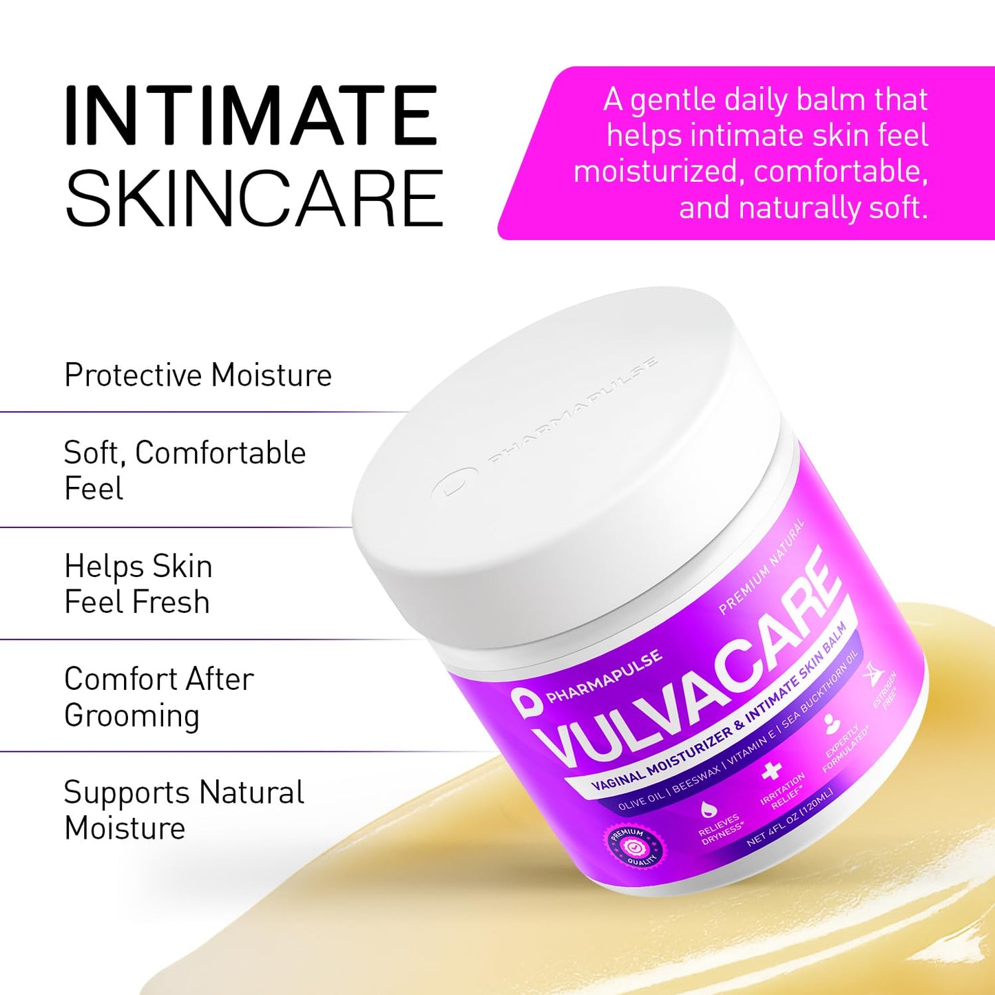 Pharmapulse Organic Vaginal Moisturizer, Vulva Balm Cream, Intimate Skin Care, Menopause Support - Relieves Dryness, Itching, Burning, Redness, Chafing, Odor, Irritation - Estrogen Free 4oz