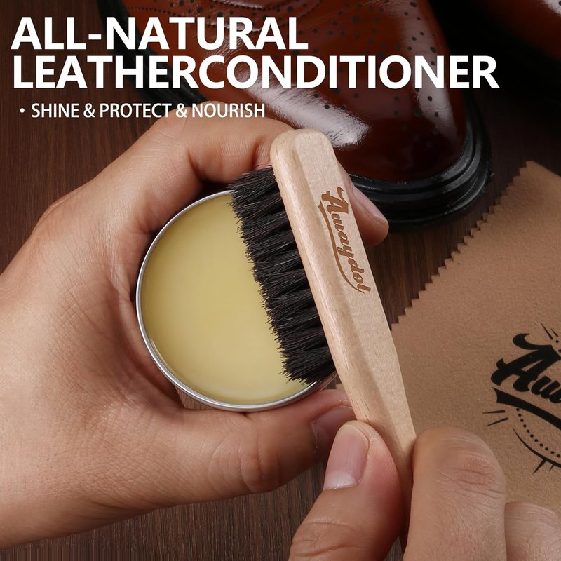 Leather Care Kit - 10 PCS Horsehair Brushes, Saddle Soap & Mink Oil | Boot & Shoe Shine Essentials for Men