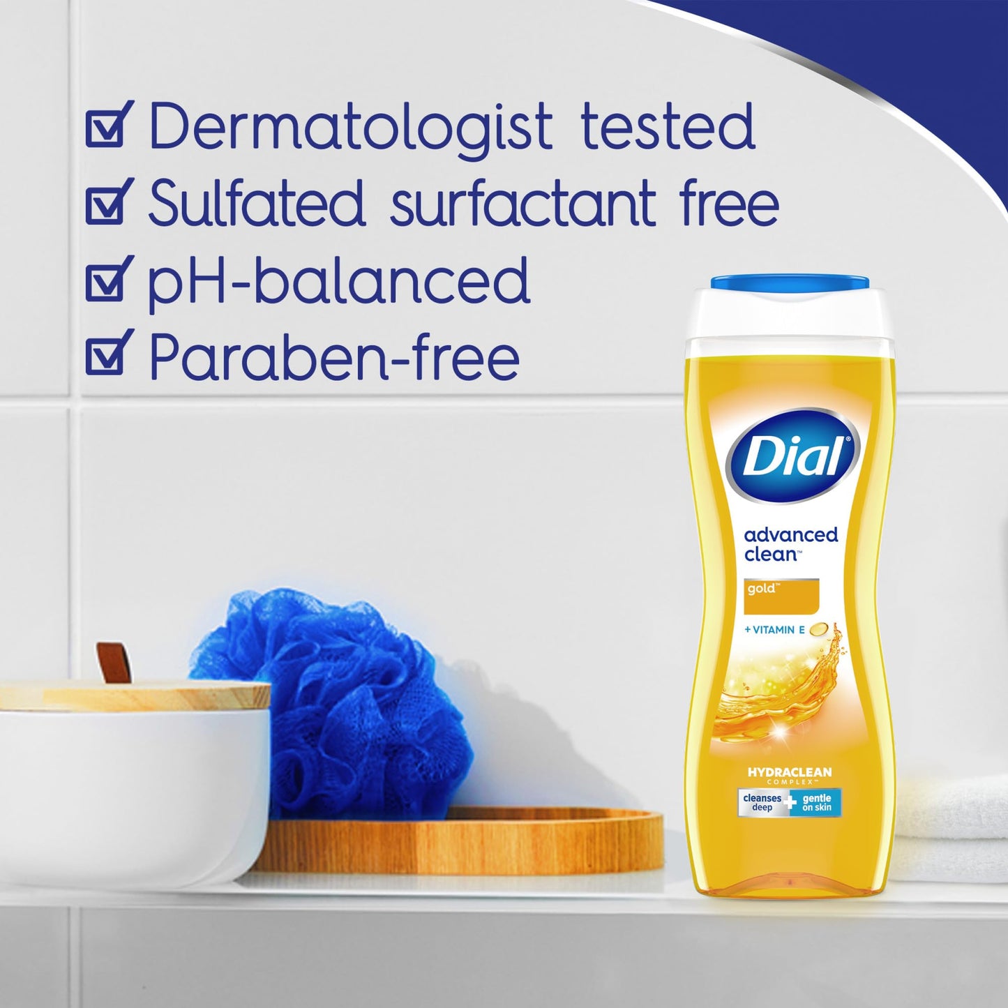 Dial Body Wash, Advanced Clean Gold, 16 Fl Oz, Hydraclean Complex & Vitamin E, Gentle, Leaves Skin Feeling Nourished, Dermatologist-Tested, No Parabens & Sulfates, (Pack of 8)
