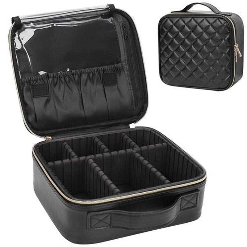Relavel Makeup Bag, Travel Cosmetic Train Case Organizer Portable Artist Storage Bag with Adjustable Dividers for Cosmetics Makeup Brushes Toiletry Jewelry Digital Accessories Quilted Leather Black