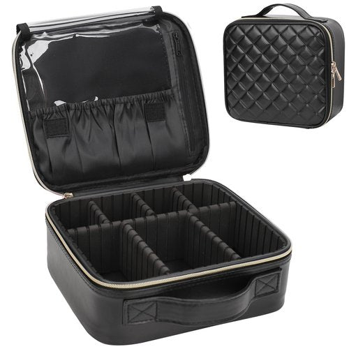 Relavel Makeup Bag, Travel Cosmetic Train Case Organizer Portable Artist Storage Bag with Adjustable Dividers for Cosmetics Makeup Brushes Toiletry Jewelry Digital Accessories Quilted Leather Black