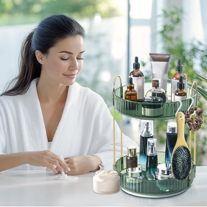 Makeup Organizer for Vanity,Large Skincare Make Up Storage 360° Rotating Perfume Organizers Cosmetic Dresser Organizer Countertop Organizer with Extra Hooks DIY Stickers for Bathroom