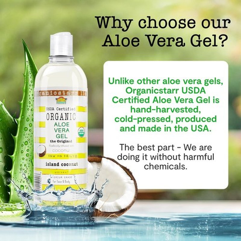 DEW ME DAILY USDA Certified Organic Aloe Vera Gel 12 oz - 100% Pure, Cold Pressed, Hand Harvested, Infused with Natural Coconut Extract, Chemical-Free - Skin & Hair Care, Made in USA