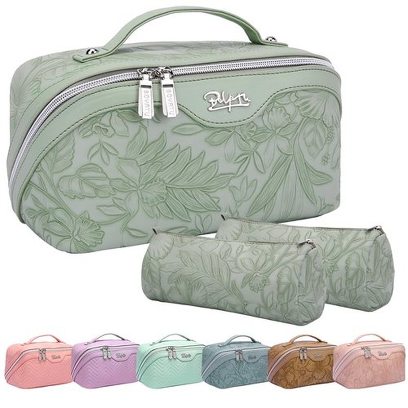 Travel Makeup Bags Cosmetic Organizer Bag: 3-Set Large Capacity Make up Bag - PU Leather Toiletry Bag for Women - Wide Open Portable Pouch with Divider & Handle (02-Light Green)