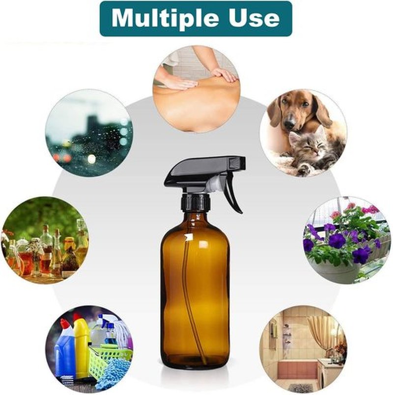 HAOERMEI 8 oz Amber Glass Spray Bottles - 2 Pack Refillable Empty Bottle for Cleaning Solutions, Essential Oils, Plants, Hair Mister - with Labels &Funnel, Dropper