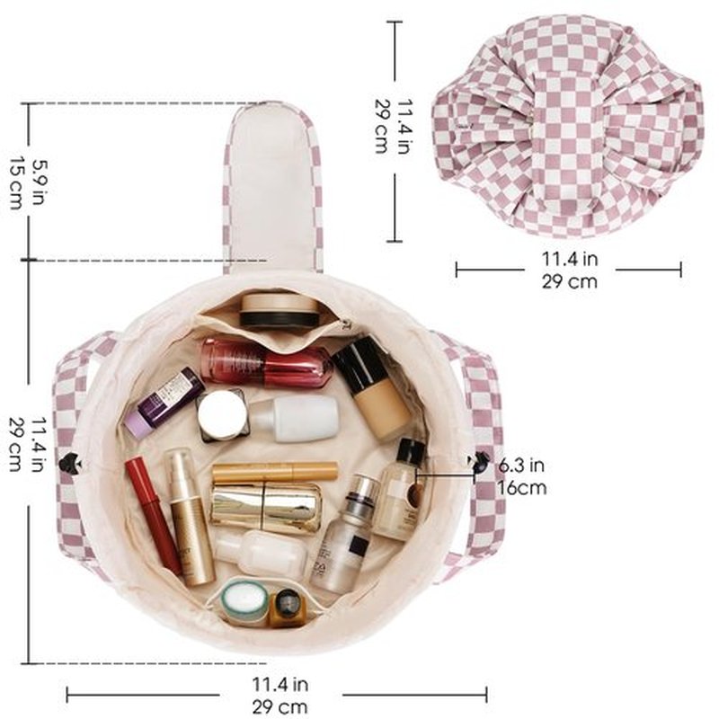 Barrel Drawstring Checkered Makeup Bag Large Cosmetic Bag Make up Bags Toiletry Organizer for Women (Dusty Rose Checkerboard) (Patent)