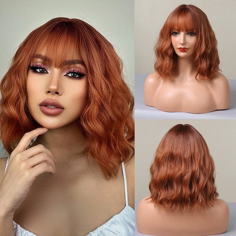 MAGQOO Ombre Dark Orange Auburn Wig Women Dark Roots Orange Bob Wig Short Curly Wavy Red Copper Wig with Bangs Synthetic Heat Resistant