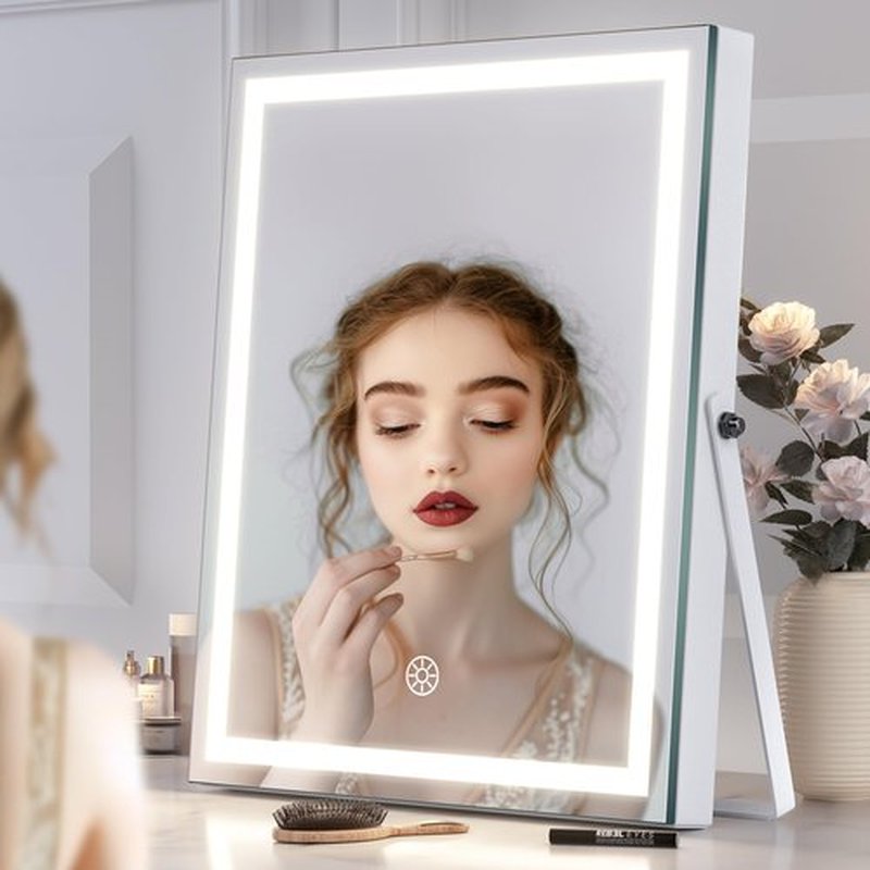 Hasipu Vanity Mirror with Lights and Bluetooth Speaker, 9.8" x 11.8" LED Makeup Mirror with Smart Touch 3 Colors Dimmable, Brightness Adjustment, 360° Rotation, White