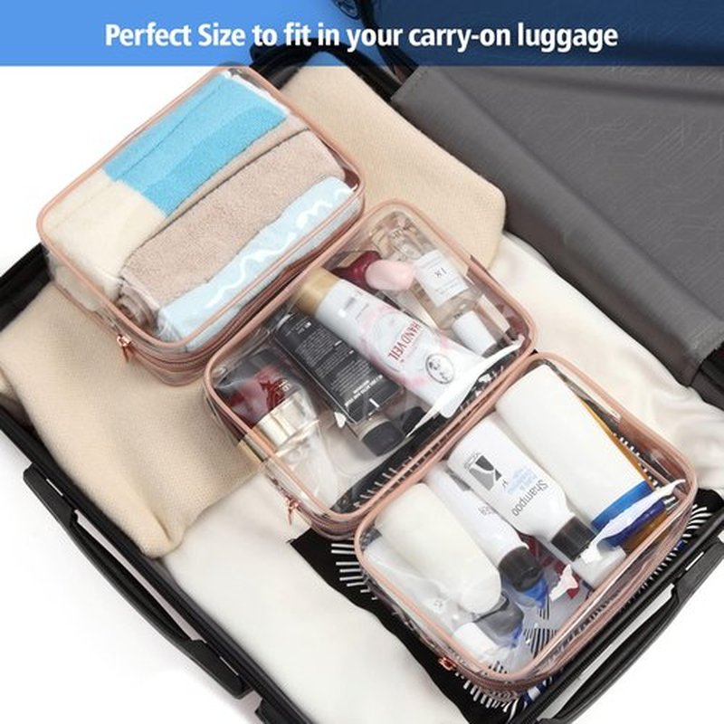 PACKISM Clear Makeup Bag - 4 Pack TSA Approved Toiletry Bag Waterproof Quart Size Travel Bag, Clear Cosmetic Bag for Women, Clear Cosmetic Bags Carry on Airport Airline Compliant Bag, Rose Pink