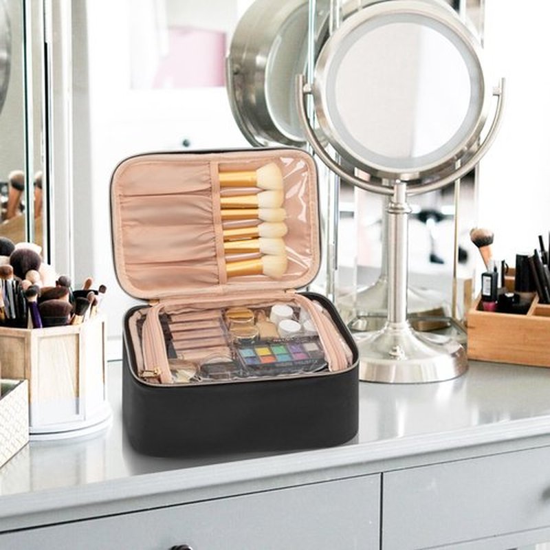 OCHEAL Makeup Bag,Travel Cosmetic Bag for Women,Large Clear Window Make Up Bag Organizer Case for Girls Cosmetics and Brushes Toiletries Accessories -Black