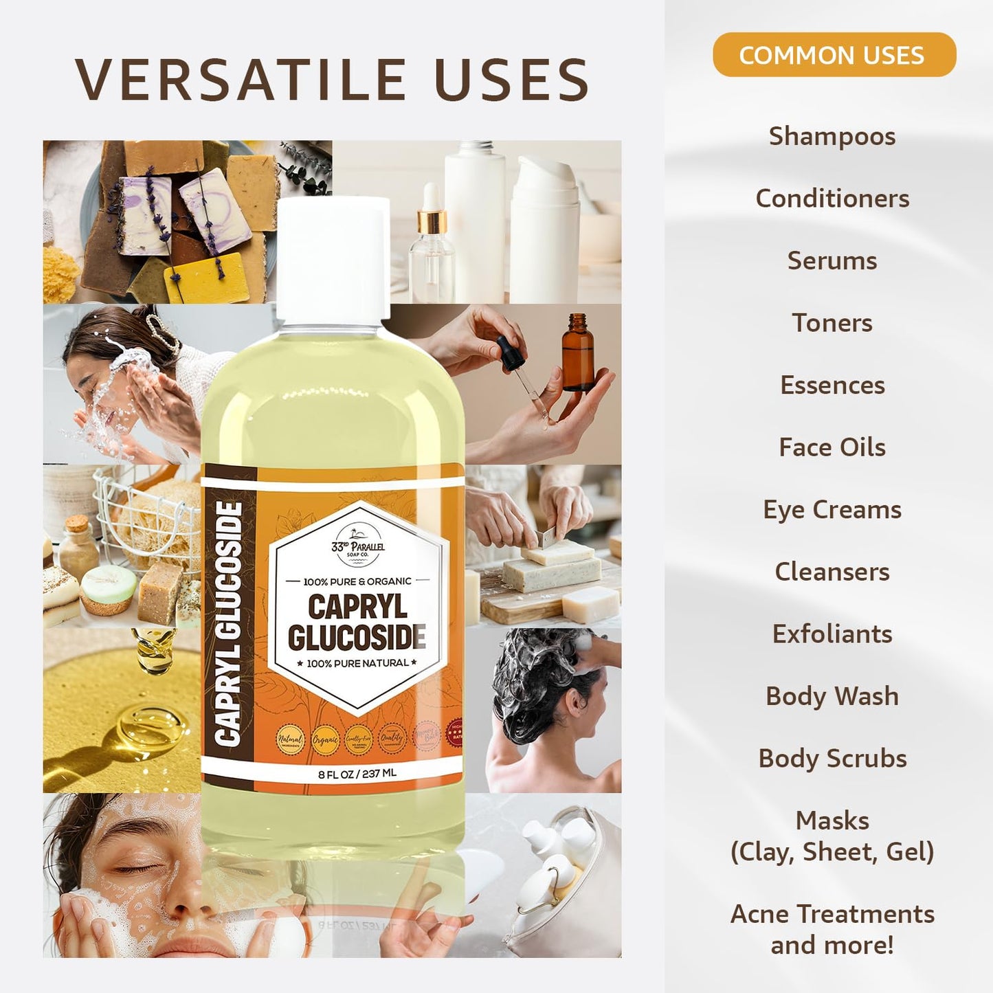 33RD PARALLEL SOAP CO. Capryl Glucoside Liquid Surfactant (32 oz) Plant Derived - DIY Skin Care - Facial Cleansers, Body Washes, Shower Gels, Foaming, Body Soap, Shampoos, Baby Products | 32 OUNCES