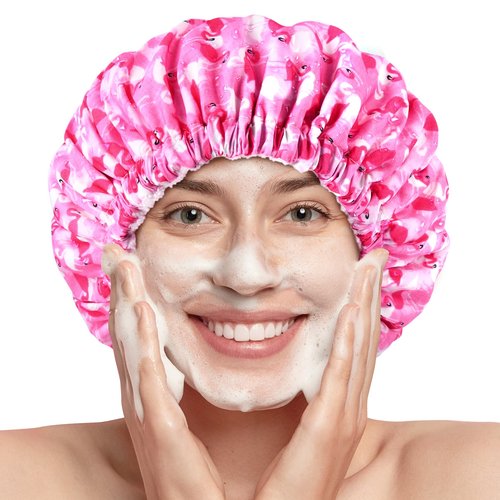 Shower Cap for Women Terry Lined Bath Cap Large Reusable Waterproof Elastic Band Pink Flamingo Shower Caps for Long Thick Hair Soft Bath Shower Hair Caps