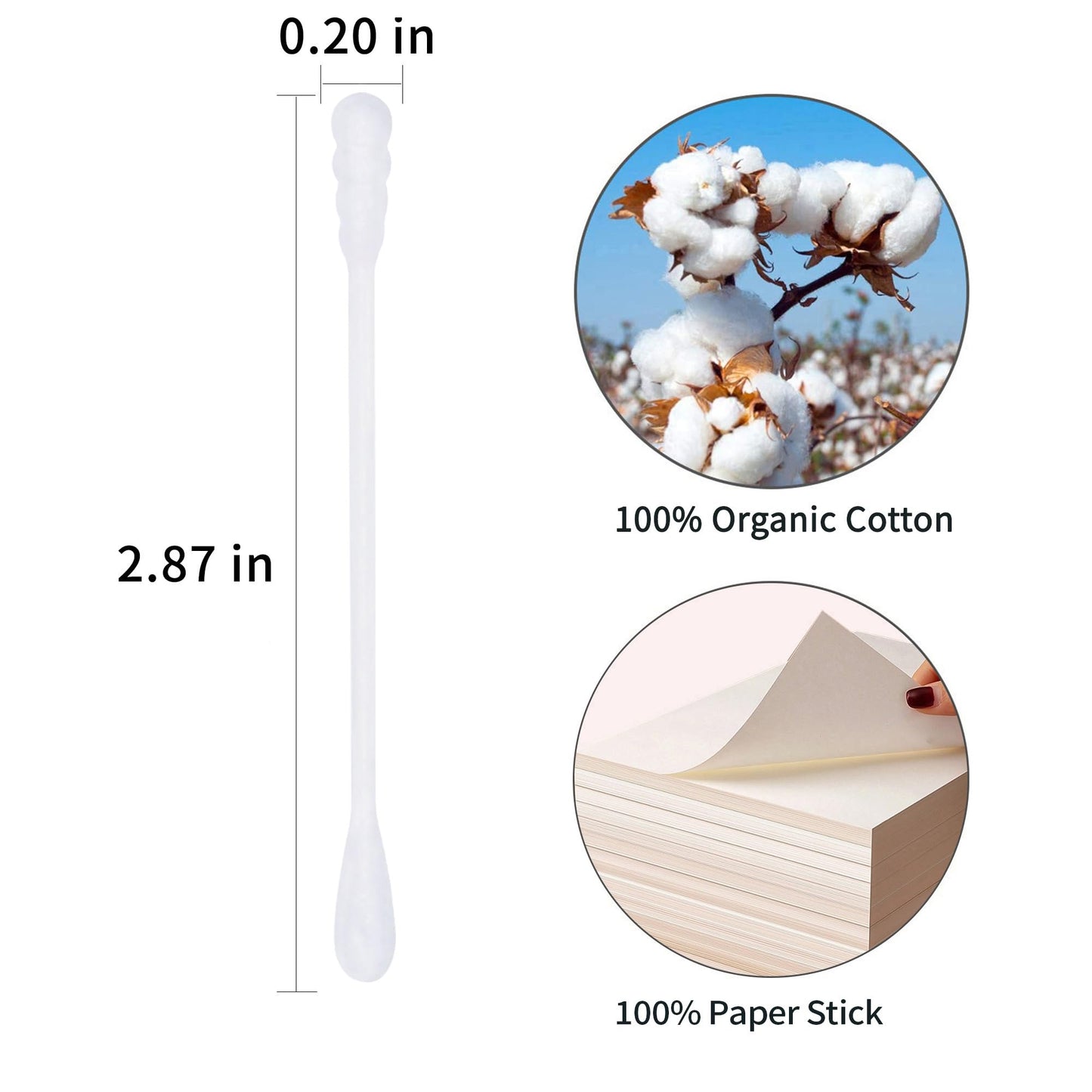 HOMEFOX Cotton Swabs Spiral - 200 Count Organic Cotton Buds Double Side Tightly Wrapped Cotton Tips Paper Stick Soft Gentle Lint-Free Cruelty-Free, Round & Spiral (White)…