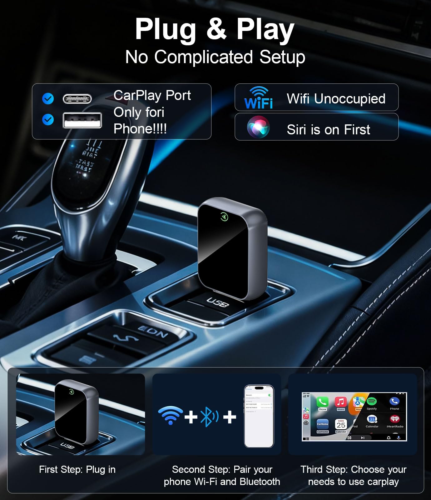 Enhanlife Wireless CarPlay Adapter for iPhone - No Audio Lag, Auto-Connect - Convert Factory Wired to Wireless CarPlay - Bluetooth 5.3 & 5GHz Wi-Fi - Plug & Play (Includes USB A/C)