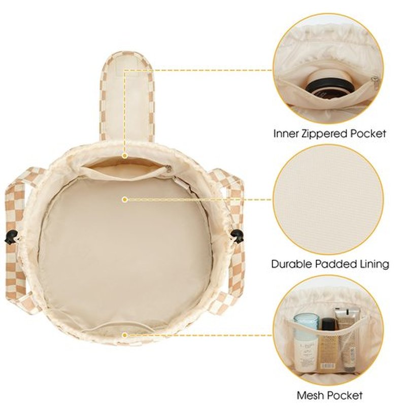 Barrel Drawstring Checkered Makeup Bag Large Cosmetic Bag Make up Bags Toiletry Organizer for Women (Light Checkerboard) (Patent)