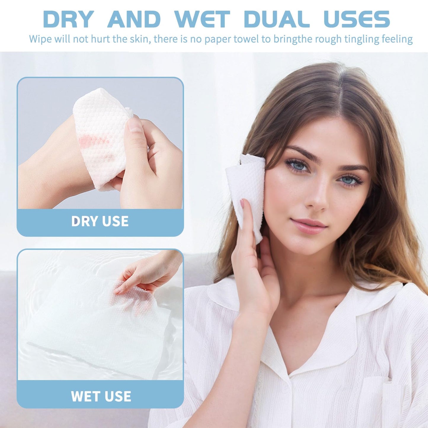 Cotton Facial Dry Wipes 100 Count, Deeply Cleansing Disposable Face Towel Wash Cloth, Multi-Purpose for Skin Care, Make-up Wipe, Face Wipes and Facial Cleansing
