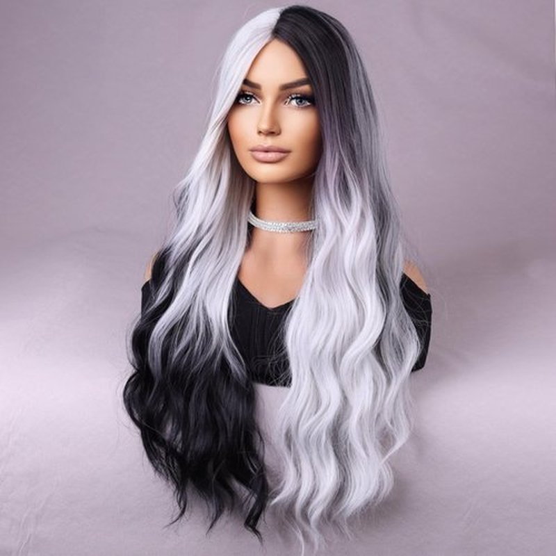 BERON Black and Silver Wigs Long Wavy Wig for Women Natural Curly Ombre Color Heat Resistant Synthetic Hair Wigs for Cosplay Party Daily or Used