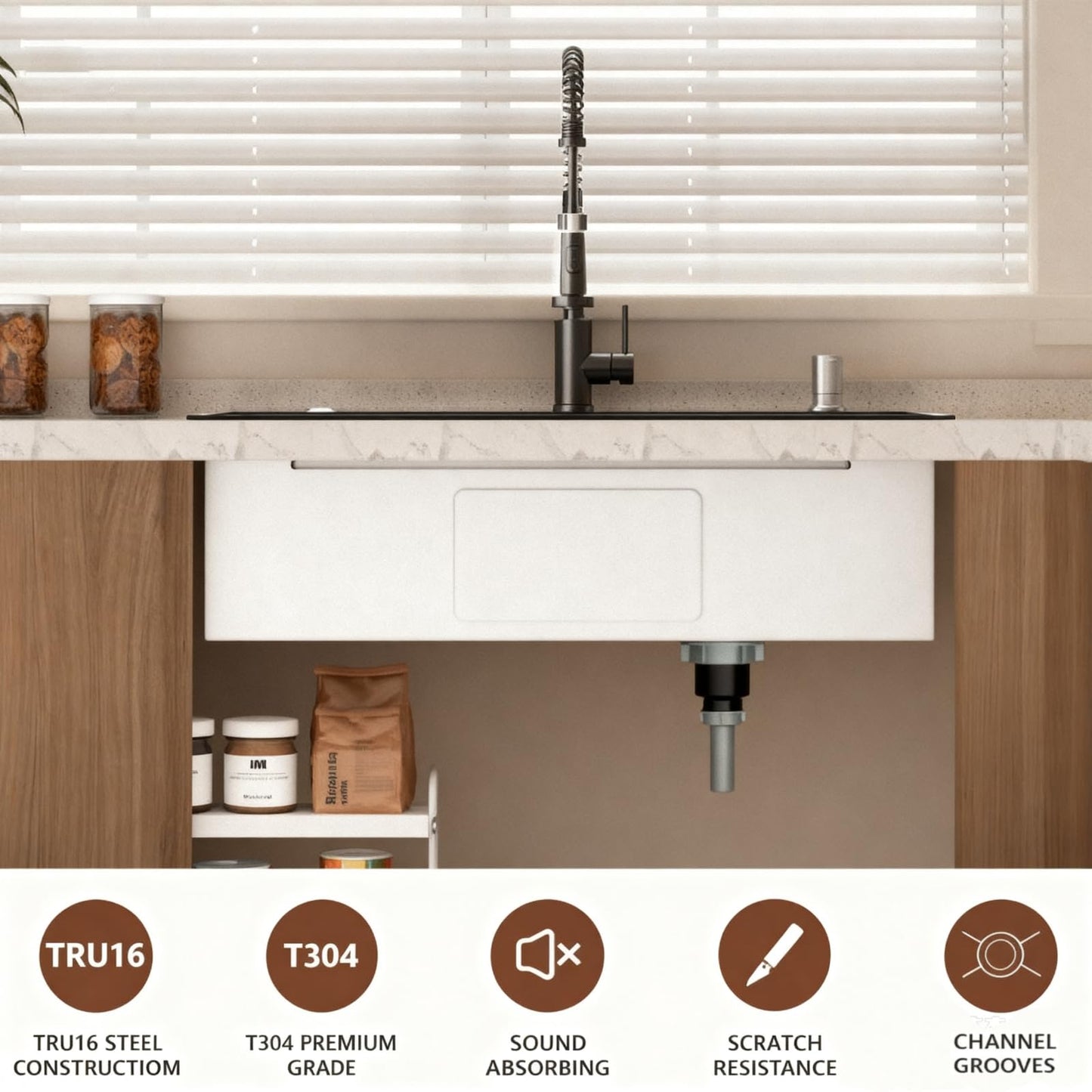 Black 32x19 Drop in Kitchen Sink with Faucet & Accessories, Stainless Steel Workstation Sink, 16 Gauge Single Bowl Top Mount, Deep Bowl Design, Modern Kitchen & Commercial Use