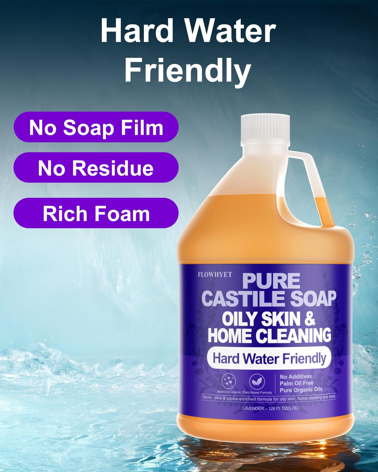 FLOWHYET Organic Castile Soap, Liquid Hand Soap Refill, Natural For Hand, Body Wash, Face, Laundry, Dishes, Home Cleaning - Lavender 32 Fl Oz