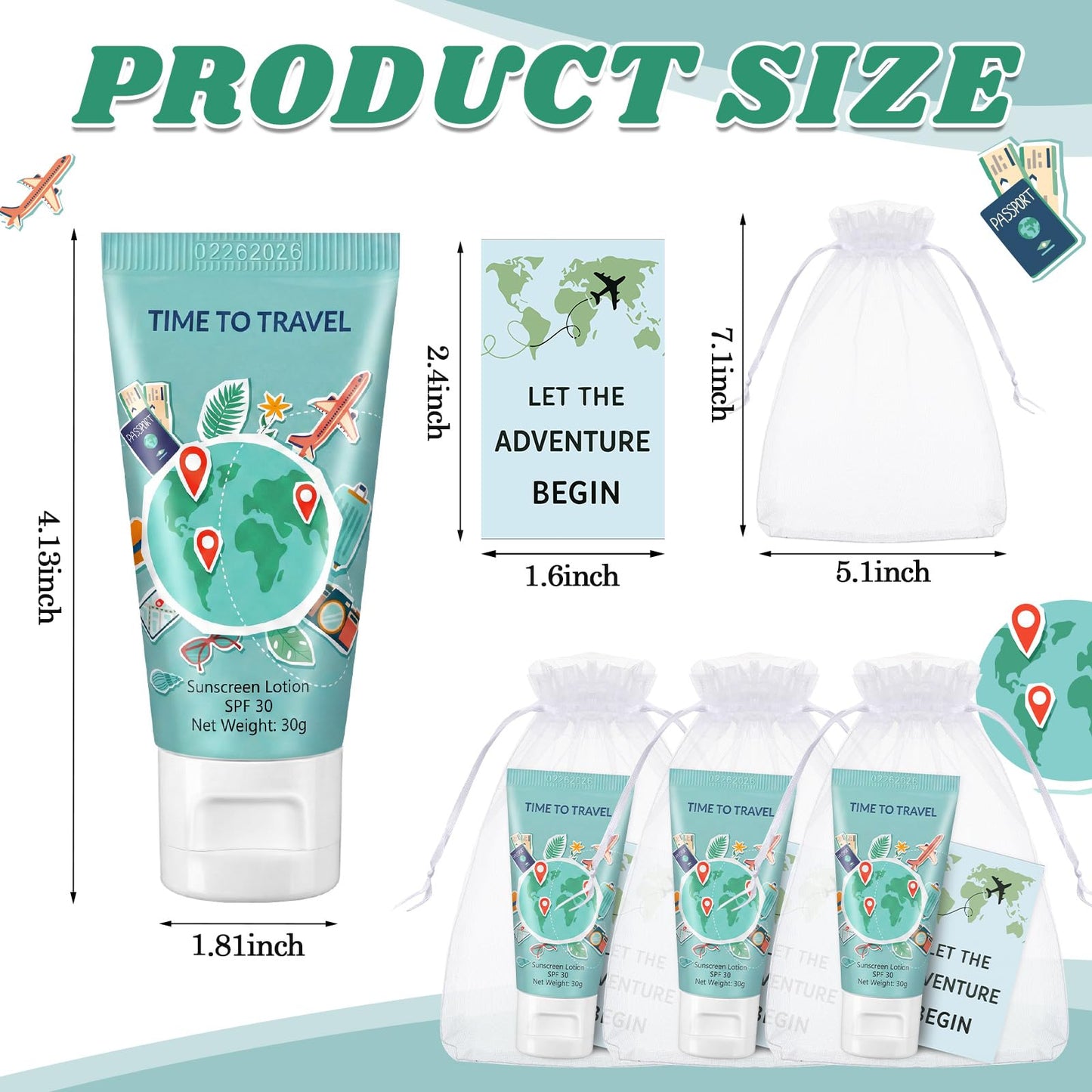 Leelosp 24 Sets Travel Themed Mini Sunscreen Bulk Gift for Adventure Begin Bon Voyage Around the World Favors SPF 30 Water Resistant Sunscreen Lotion 1 Oz Graduation Retirement Gift