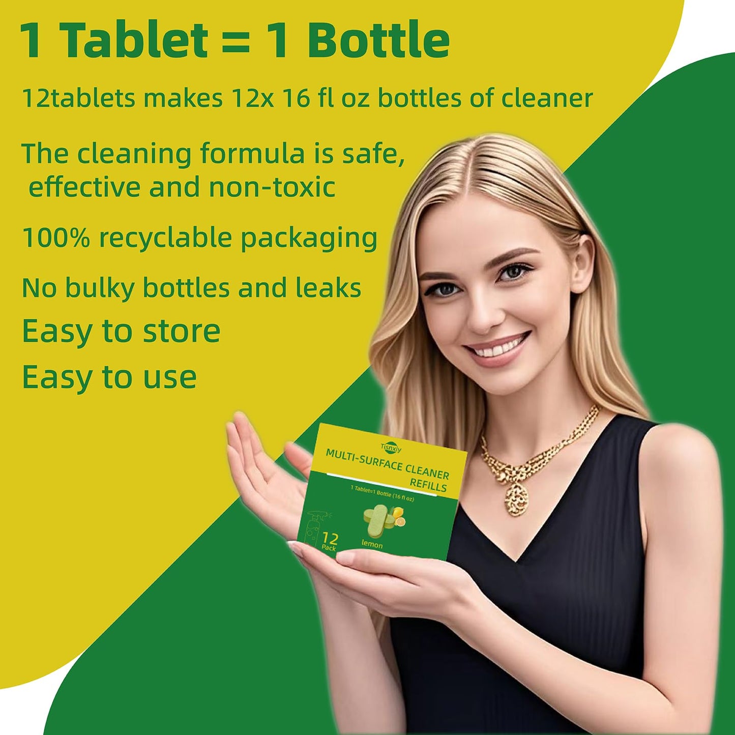 Tisnxiy Multi-Surface Cleaner Refill Tablets - 12 Count- 192 fl oz total (12x 16 fl oz) - All Purpose Cleaner Refill Tablets - For household and kitchen spray cleaners - Fresh Lemon Scent