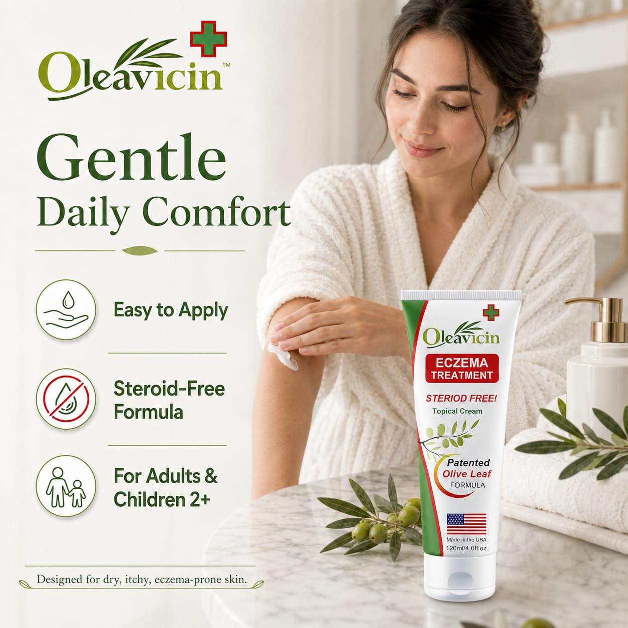 Oleavicin Eczema Treatment Cream (3 Pack) - Anti Itch & Psoriasis Relief for Dry, Itchy, Irritated Skin - Steroid-Free with Organic Olive Leaf Extract - Soothing for Sensitive Skin, Kids & Adults
