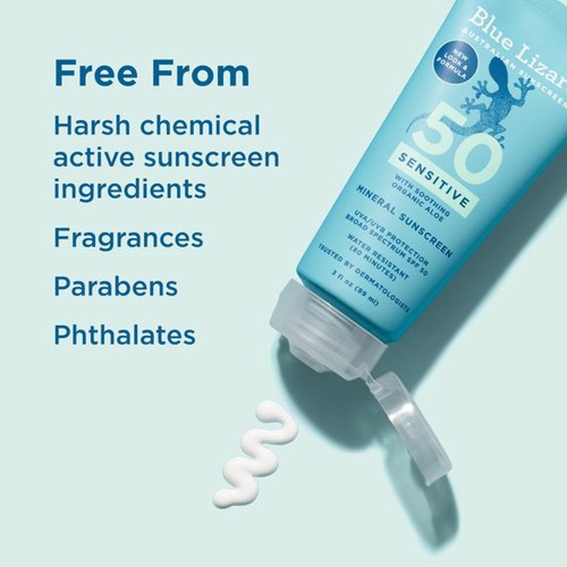Blue Lizard SENSITIVE Mineral Sunscreen with Zinc Oxide, SPF 50+, Water Resistant, UVA/UVB Protection with Smart Cap Technology - Fragrance Free, 3 oz. Tube