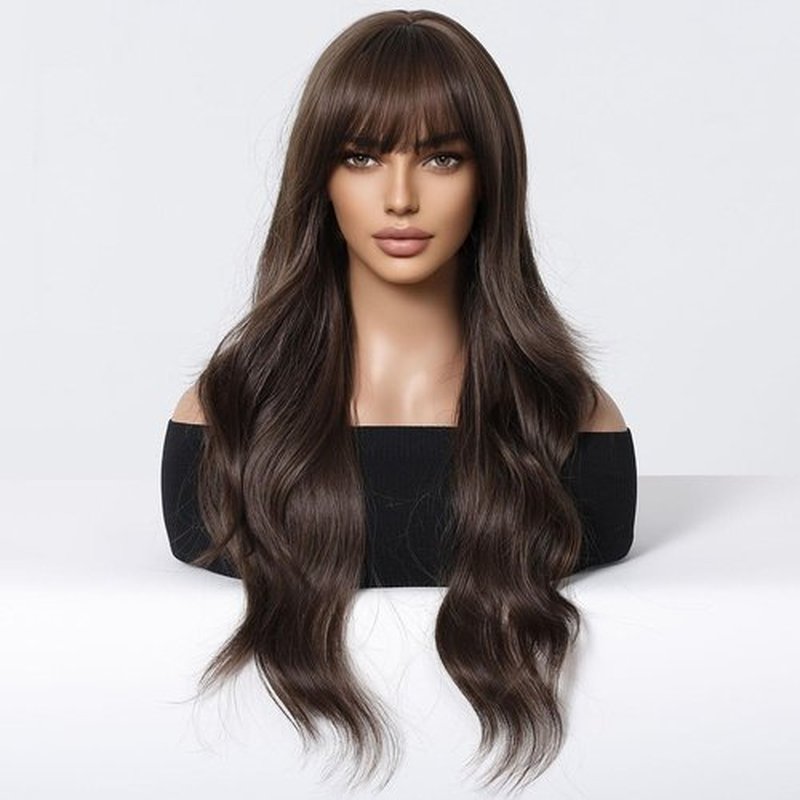 BERON 26 Inches Brown Wig Long Wavy Wig Brown Wig with Bangs Synthetic Wig Long Wig Brown Wigs for Daily Party with Wig Cap