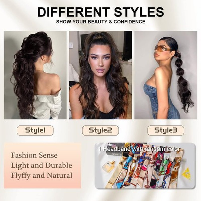 FREEMEIGE Women's 26 Inch Long Wavy Synthetic Ponytail Extension, Medium Brown Mix Natural Blonde